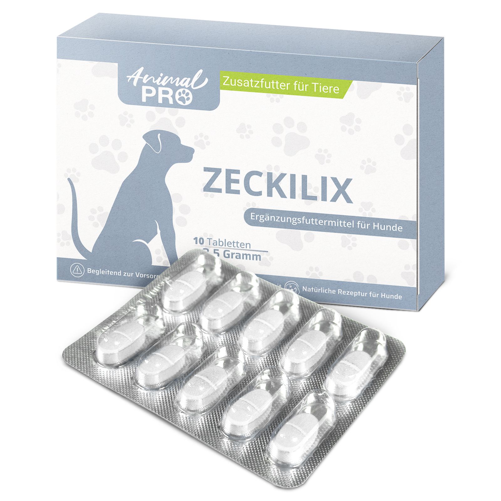 Verpackung und Blisterpackung mit 10 Zeckilix Tabletten für Hunde.