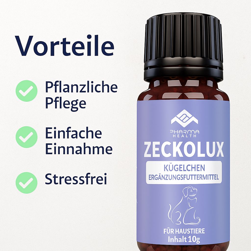 Braune Glasflasche mit schwarzem Deckel. Auf dem Etikett steht "Pharma Health Zeckolux Kügelchen für Haustiere". Daneben grüne Häkchen.