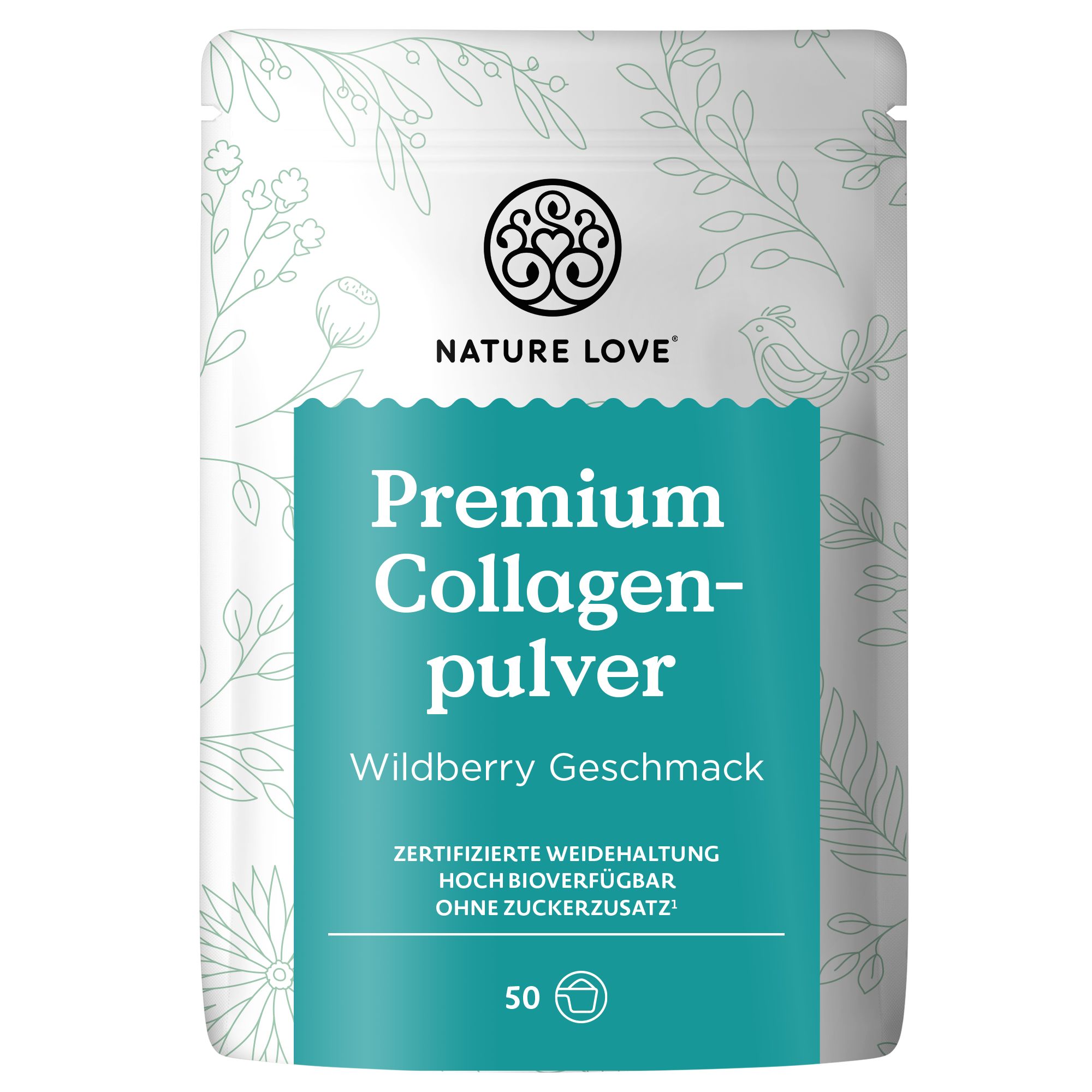 Beutel mit NATURE LOVE® Premium Collagenpulver Wildberry. Türkis-weiße Verpackung mit Logo und Produktinformationen.