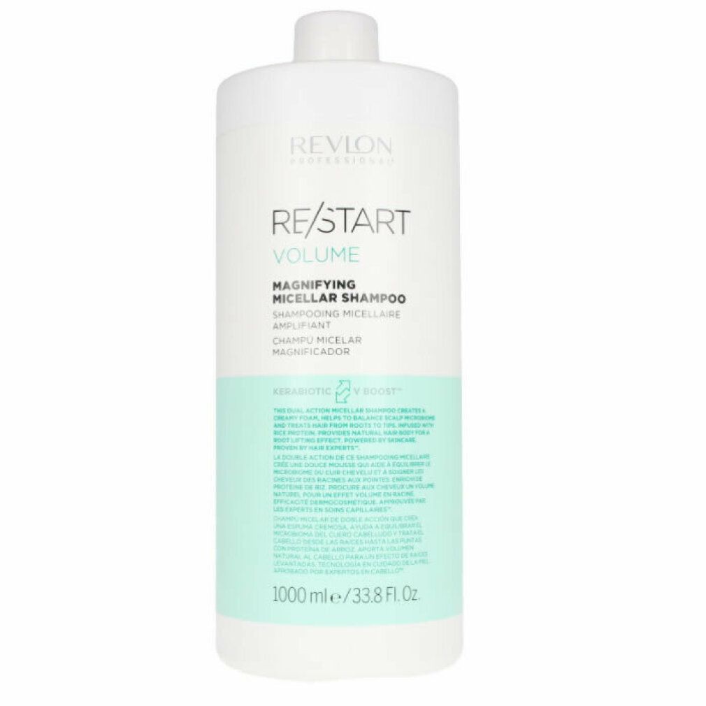 Weißes Shampoo-Behältnis mit grünem Etikett. Text: RE/START VOLUME, Magnifying Micellar Shampoo. 1000 ml.