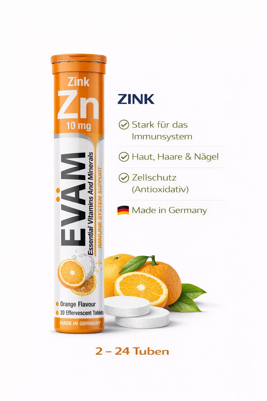 Zink Brausetabletten-Tube, orangefarben, mit Orangen und Tabletten. Enthält 20 Brausetabletten. Made in Germany.