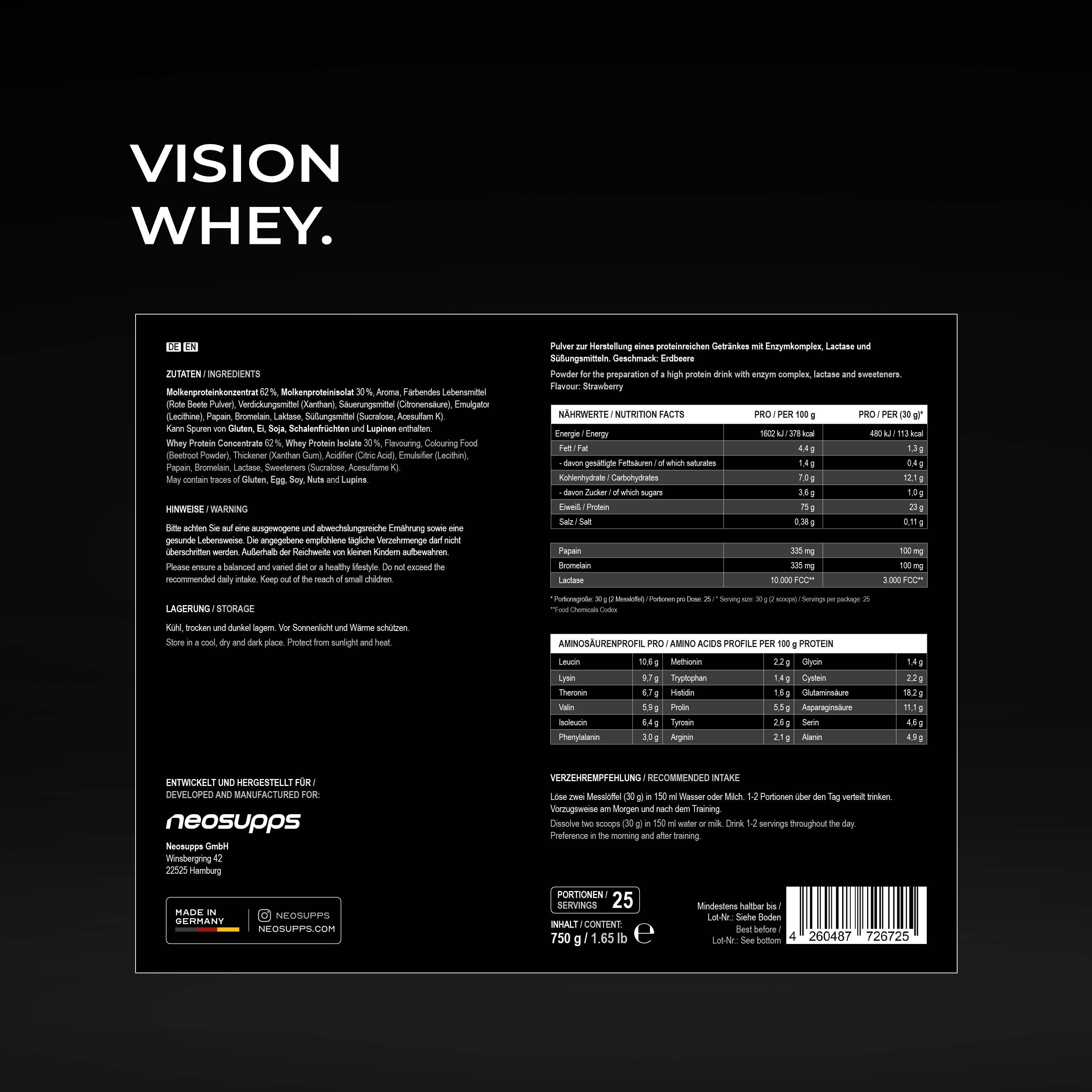 Neosupps Whey Proteinpulver Strawberry, 750g, Proteinpulver