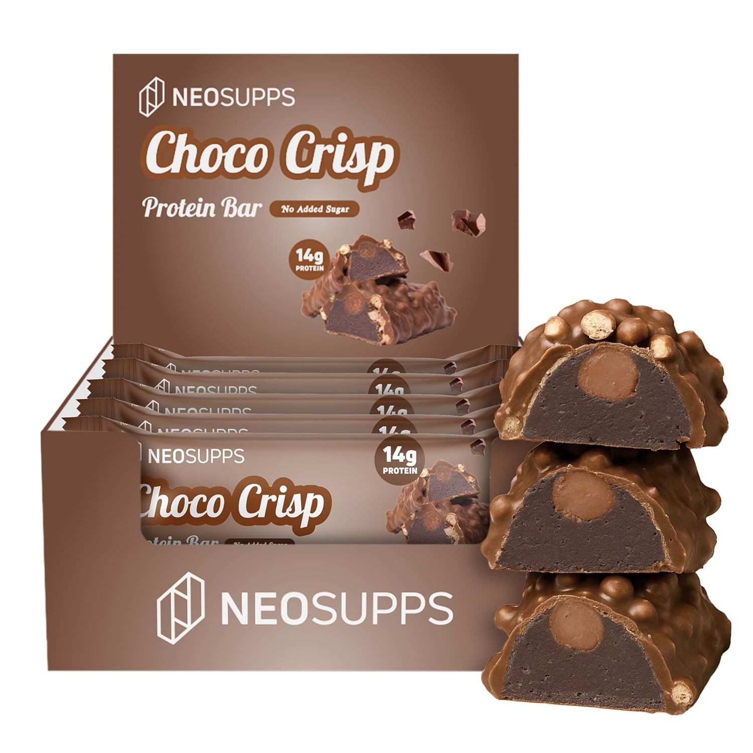 Schachtel mit Neosupps Choco Crisp Proteinriegeln. Drei halbierte Riegel daneben.