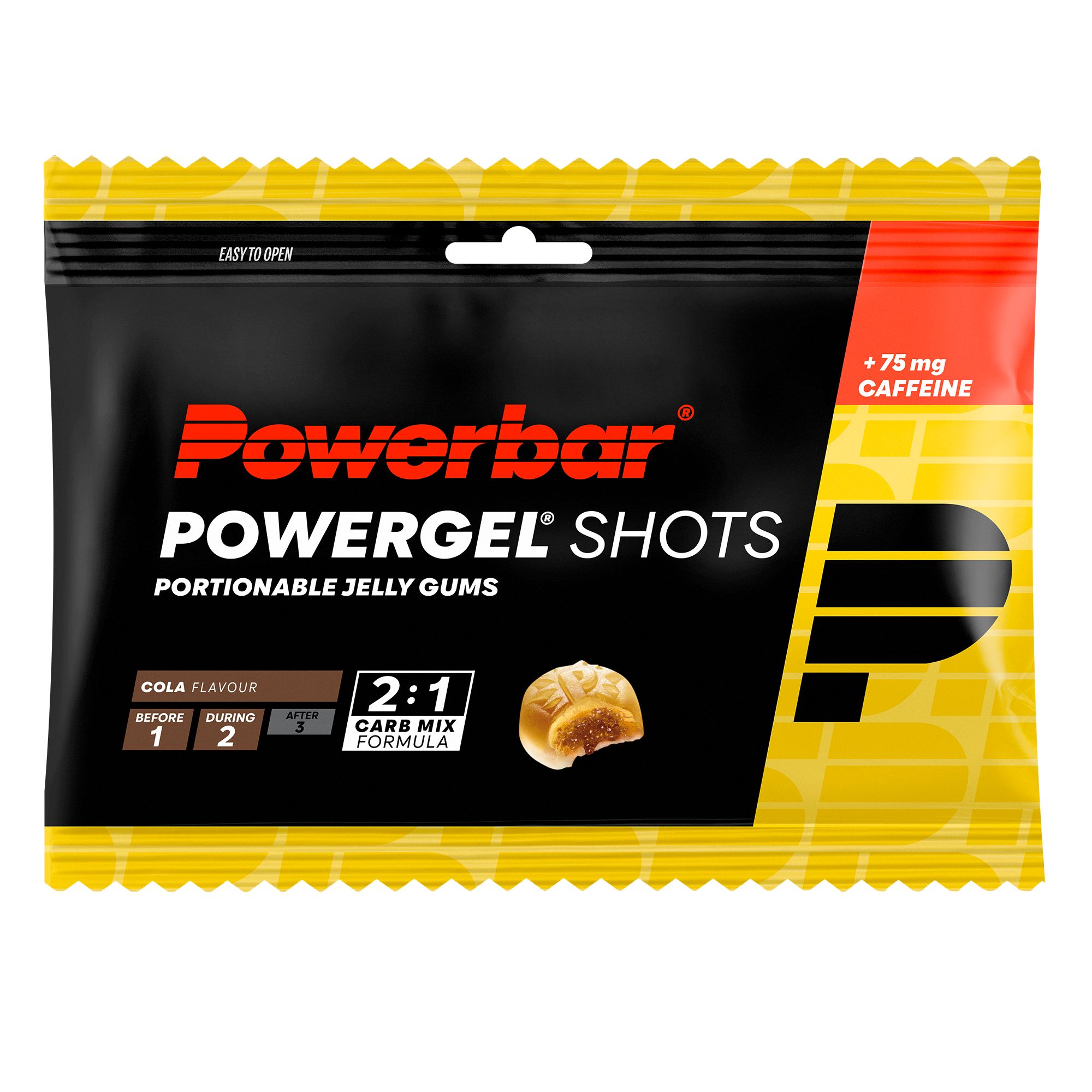 Gelbe und schwarze Powerbar PowerGel Shots Cola-Packung. Enthält 75 mg Koffein. Portionierbare Geleebonbons mit 2:1 Carb Mix Formel.