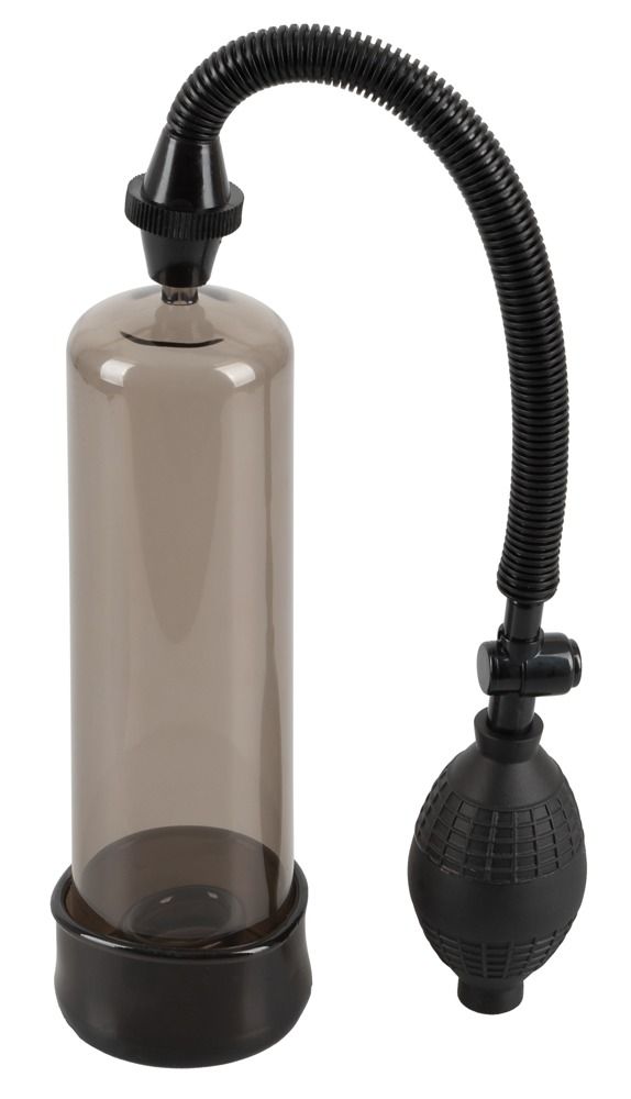 Zylinderpumpe mit Pumpball. Schwarzer Sockel, Zylinder und Pumpball. Flexibler Schlauch verbindet Zylinder und Pumpball.