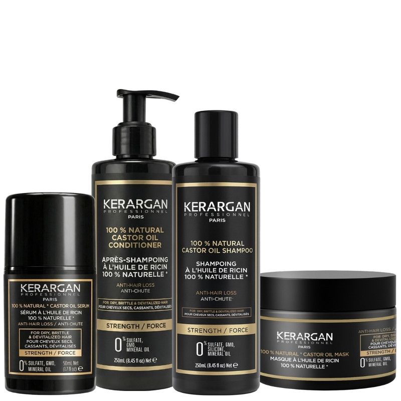 Vier schwarze Haarprodukte: Serum, Conditioner, Shampoo und Maske. Aufschrift: Kerargan, 100% natürliches Rizinusöl, Anti-Haarausfall.