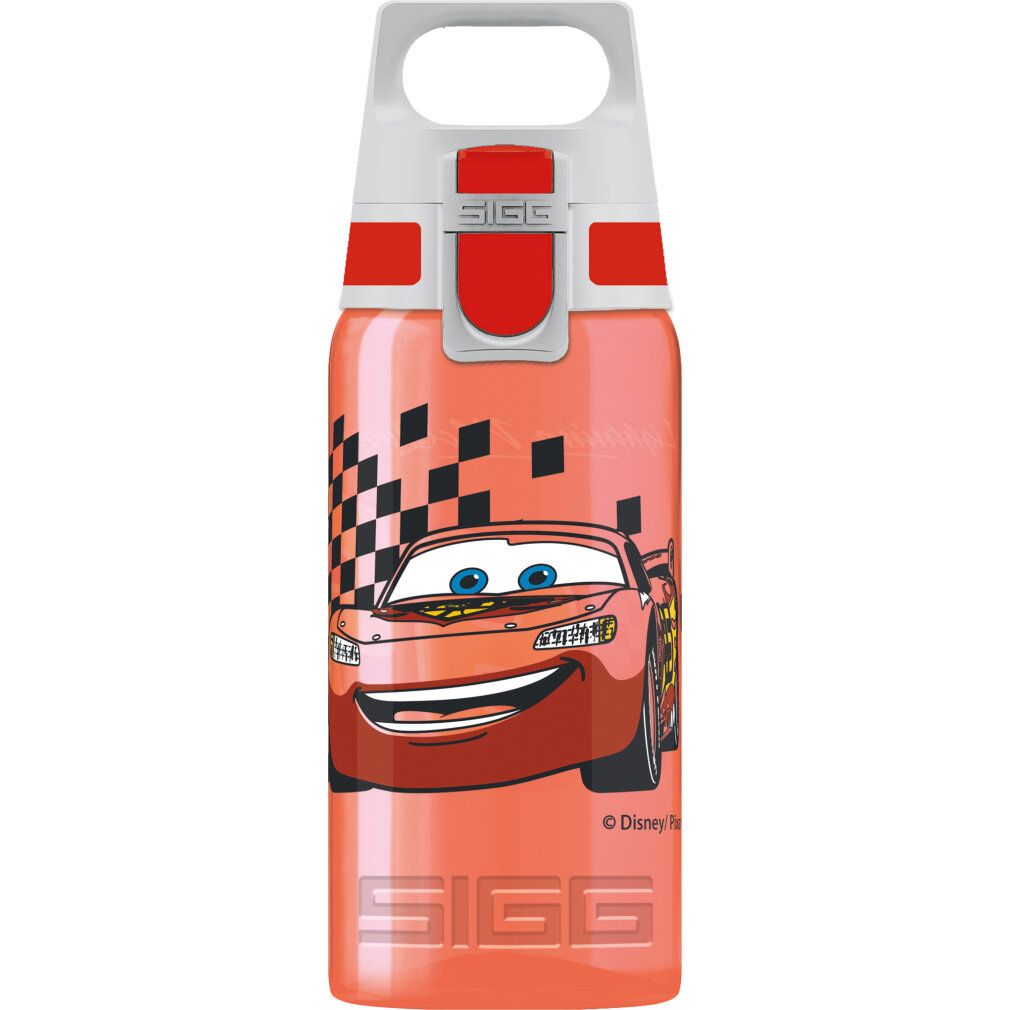 Trinkflasche mit rotem Deckel und Griff. Aufdruck: Lightning McQueen, Schachbrettmuster. Marke SIGG.