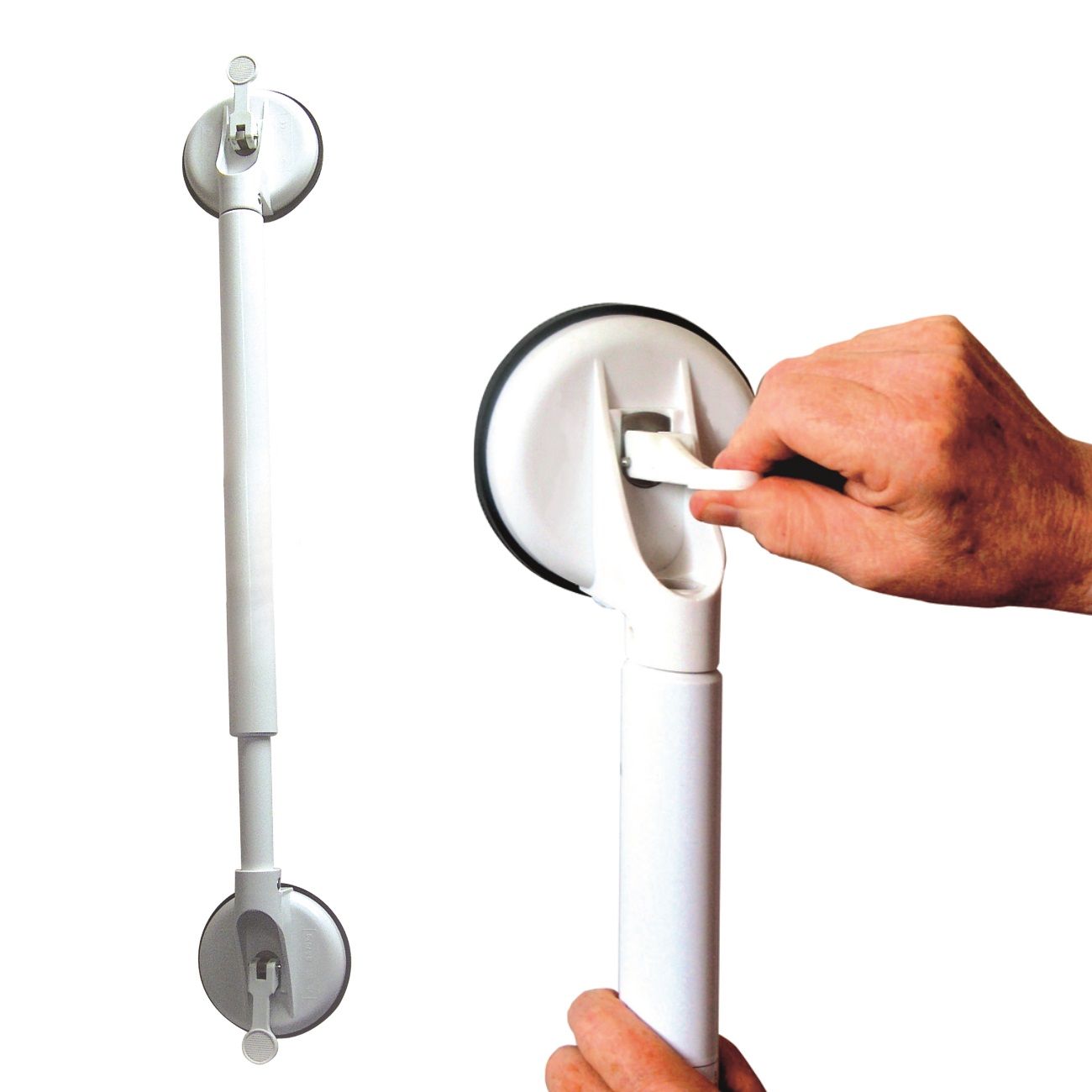 Weißer Haltegriff mit Teleskopfunktion und Saugnäpfen. Eine Hand betätigt den Hebel eines Saugnapfes.