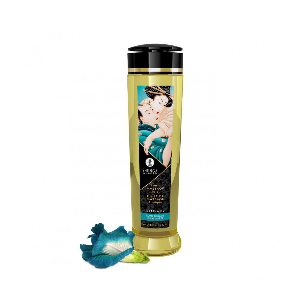 Massageöl-Flasche mit Etikett, das ein Paar zeigt. Sensual-Produkt mit blauer Blüte.