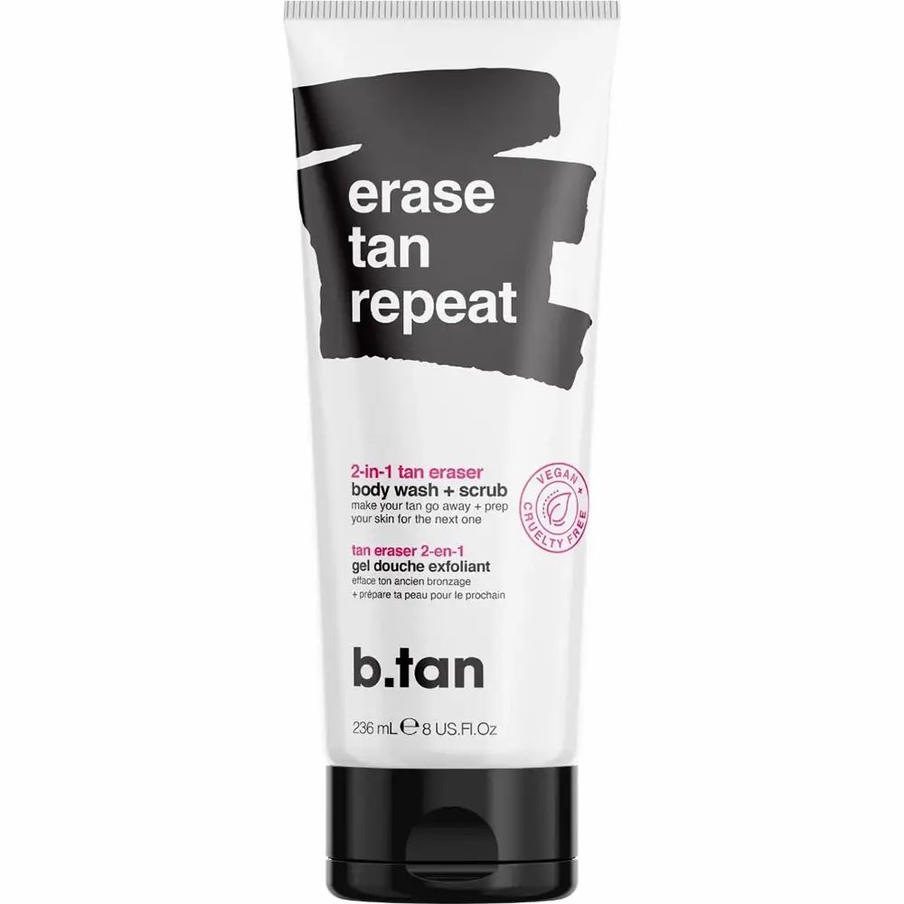 Weiße Tube mit schwarzem Deckel. Aufschrift: "erase tan repeat", "b.tan", "2-in-1 tan eraser body wash + scrub".