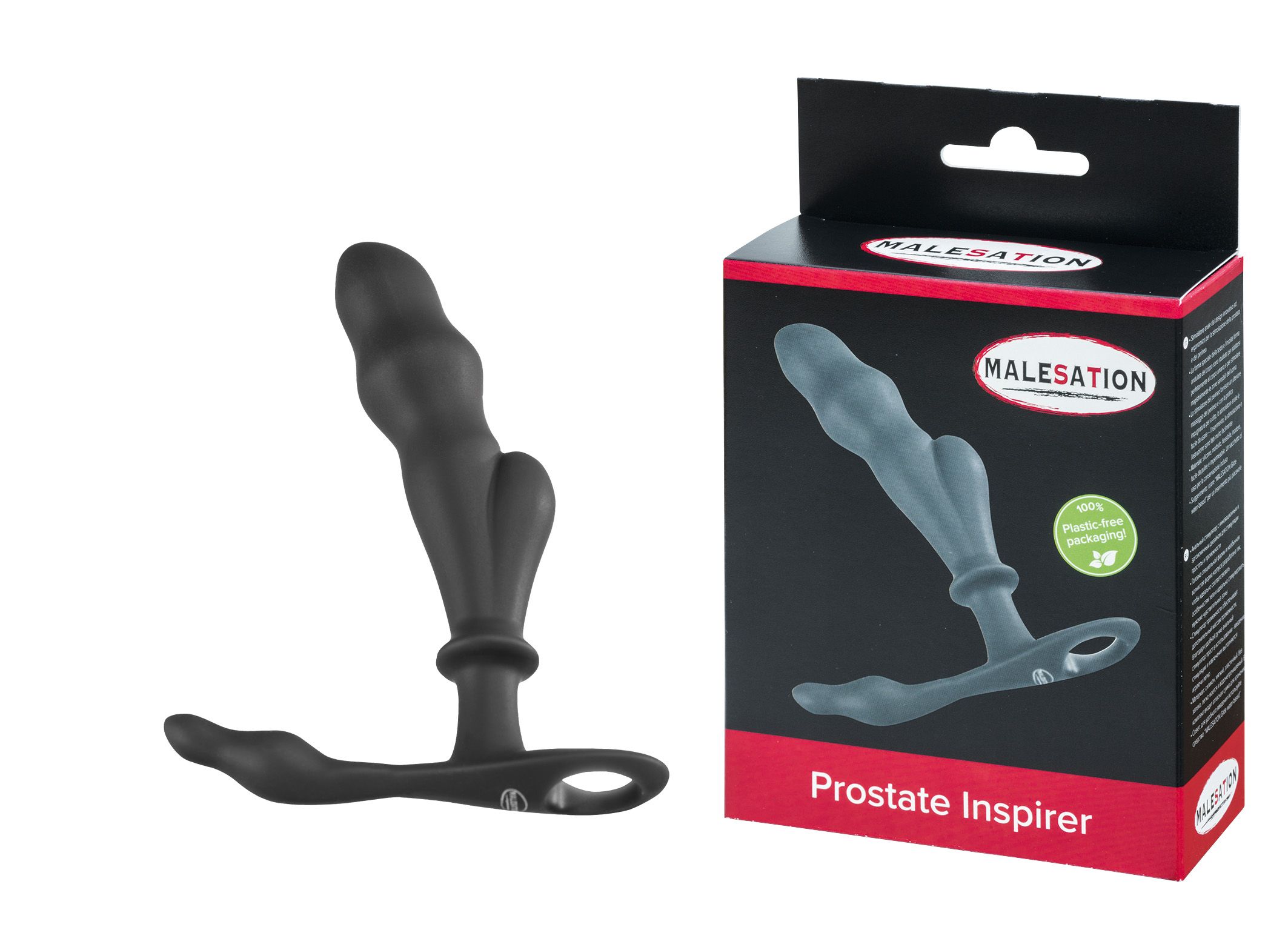 Wellness-Produkt neben Verpackung. Schwarzes Produkt mit gebogener Form. Verpackung mit Produktabbildung und Schriftzug.