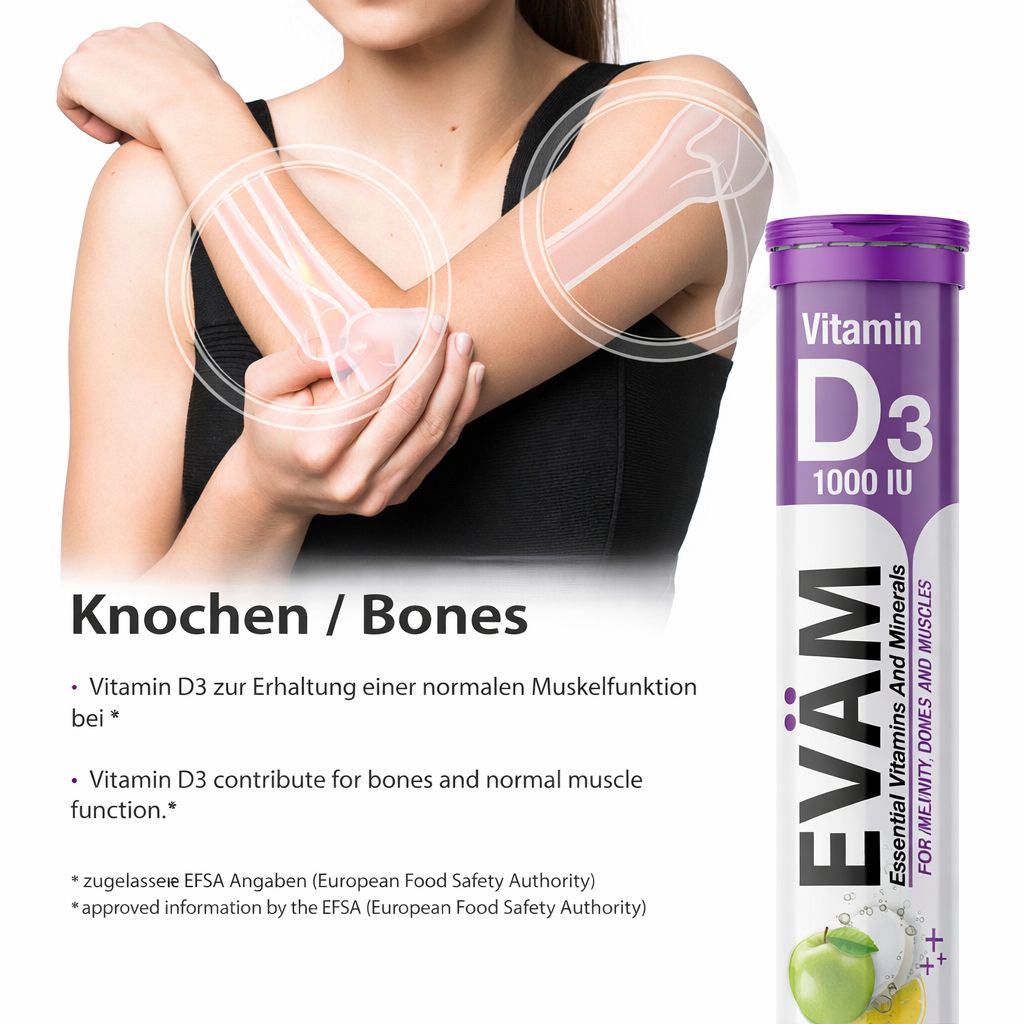 Arm mit Knochen-Illustration neben Tube EVÄM Vitamin D3 Brausetabletten. Text: Knochen / Bones. Äpfel und Zitrone.