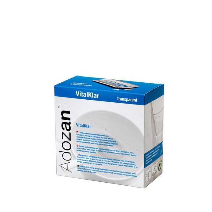 Blau-weiße Verpackung mit Produktnamen VitalKlar und Adozan. Enthält eine transparente Packung.