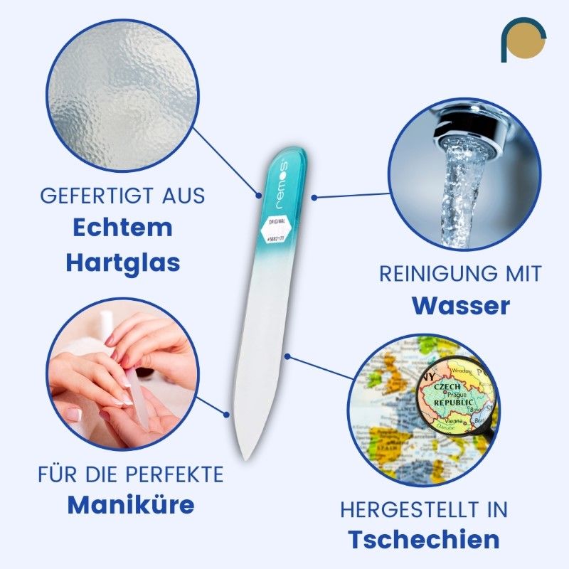Glasnagelfeile REMOS, beidseitig, mit Text: Gefertigt aus Echtglas, Reinigung mit Wasser, Für die perfekte Maniküre, Hergestellt in Tschechien.