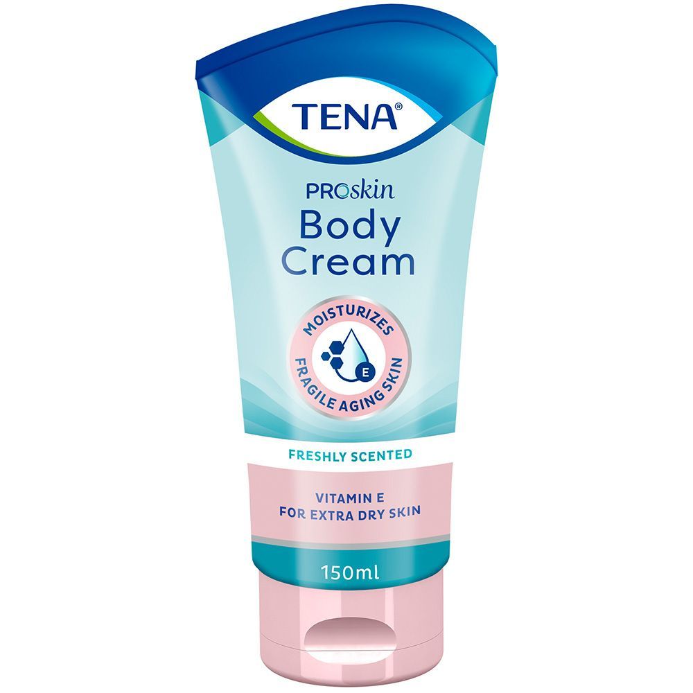 TENA Proskin Body Cream Tube. Hellblau-weißes Design. Text: "Moisturizes fragile aging skin" und "Vitamin E for extra dry skin". 150ml.