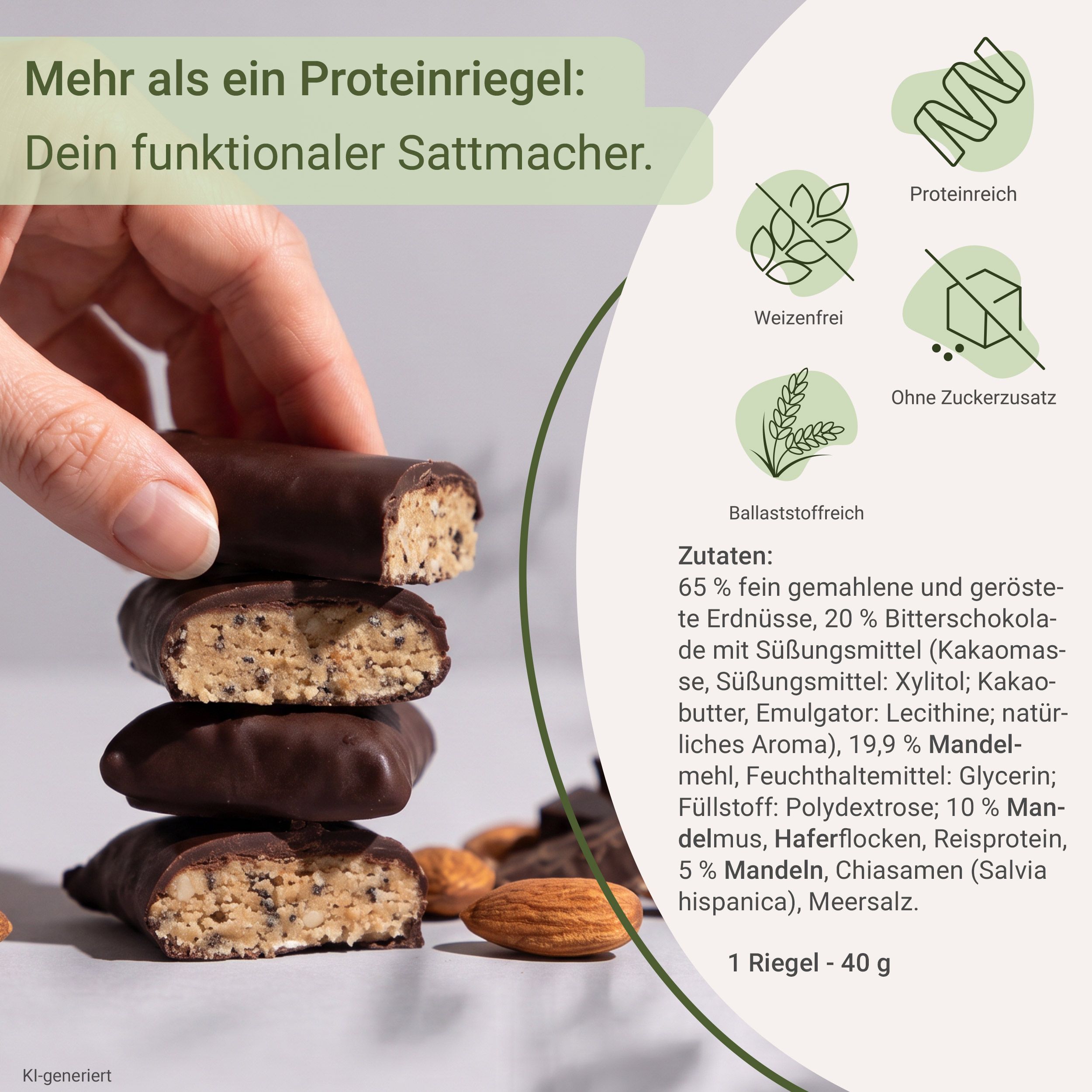 Vier Schokoriegel gestapelt, von Hand gehalten. Zutatenliste und Icons für Protein, ballaststoffreich, weizenfrei, ohne Zuckerzusatz.