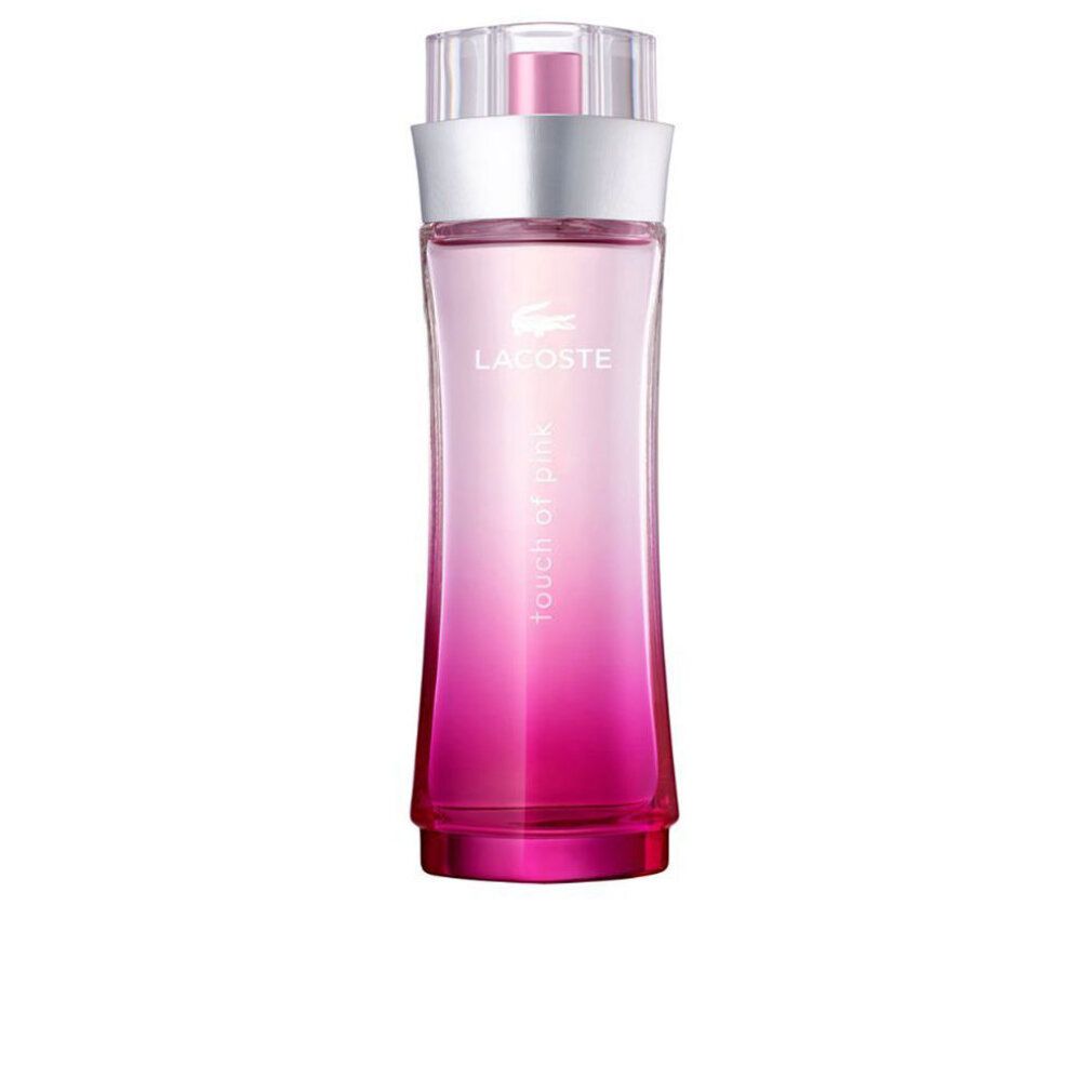 Rosa Flakon mit silbernem Deckel. Lacoste-Logo und Schriftzug "Touch of Pink".