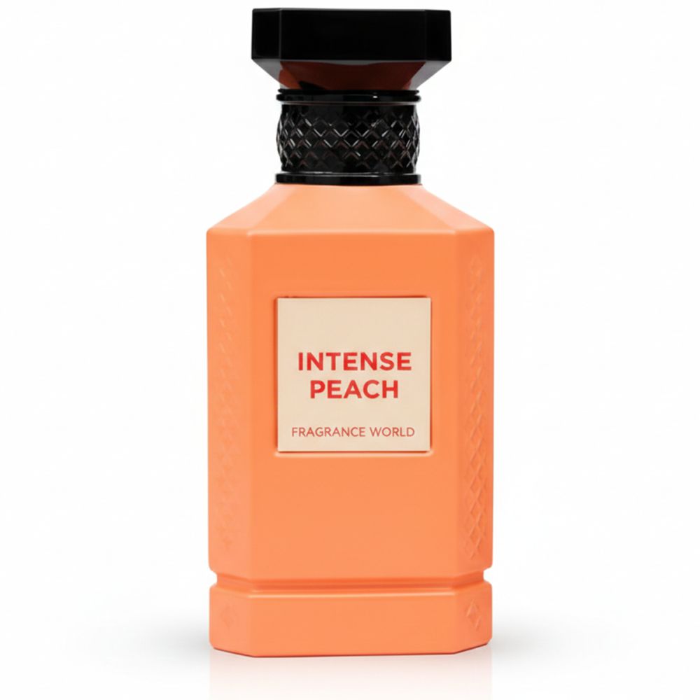 Intense Peach Eau de Parfum Flasche. Orangefarbene Flasche mit schwarzem Deckel. Text auf einem rechteckigen Etikett.