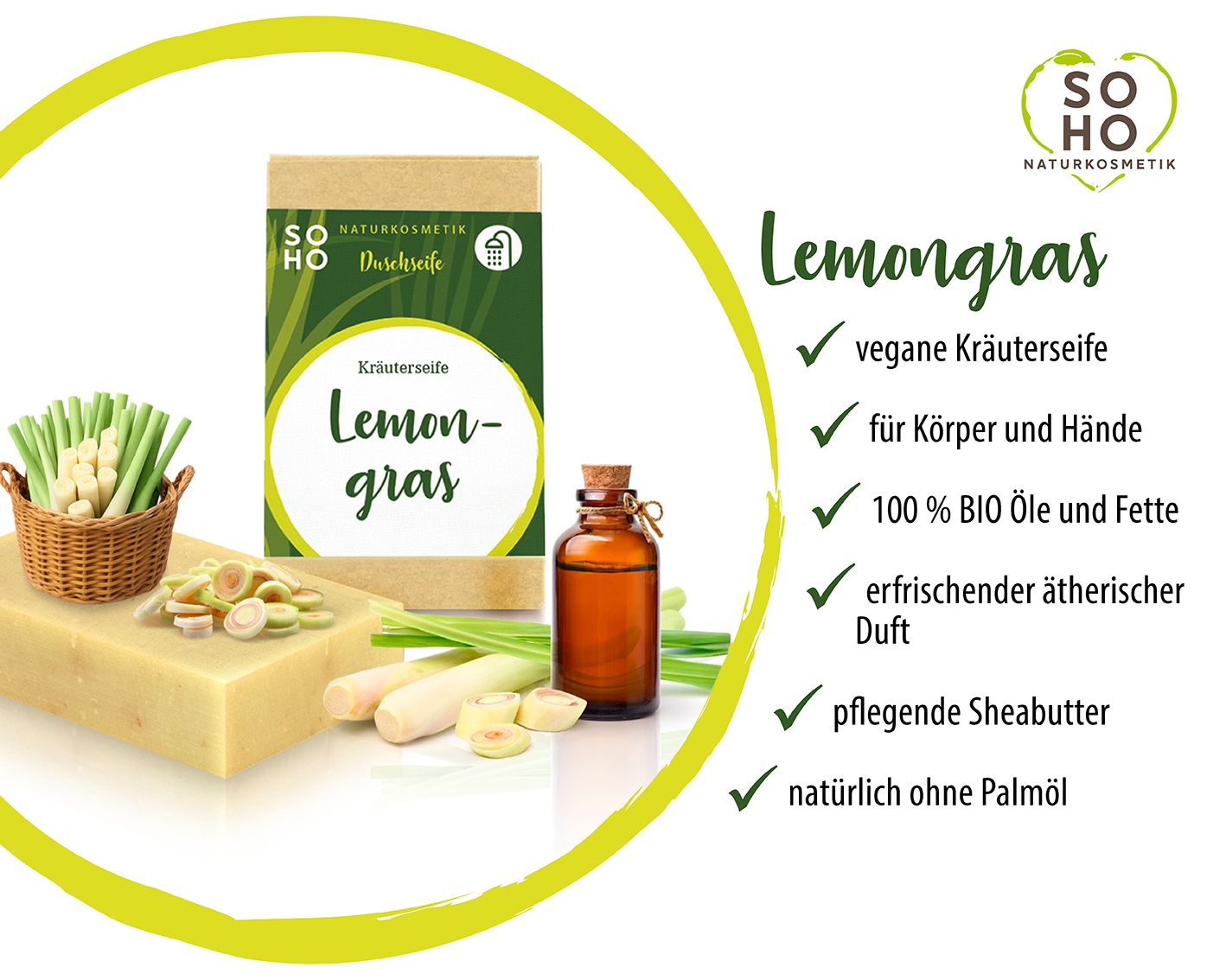 Kräuterseife Lemongras, Lemongras, Flasche. Text mit Produktinformationen: vegan, 100% Bio-Öle, Sheabutter, ohne Palmöl.