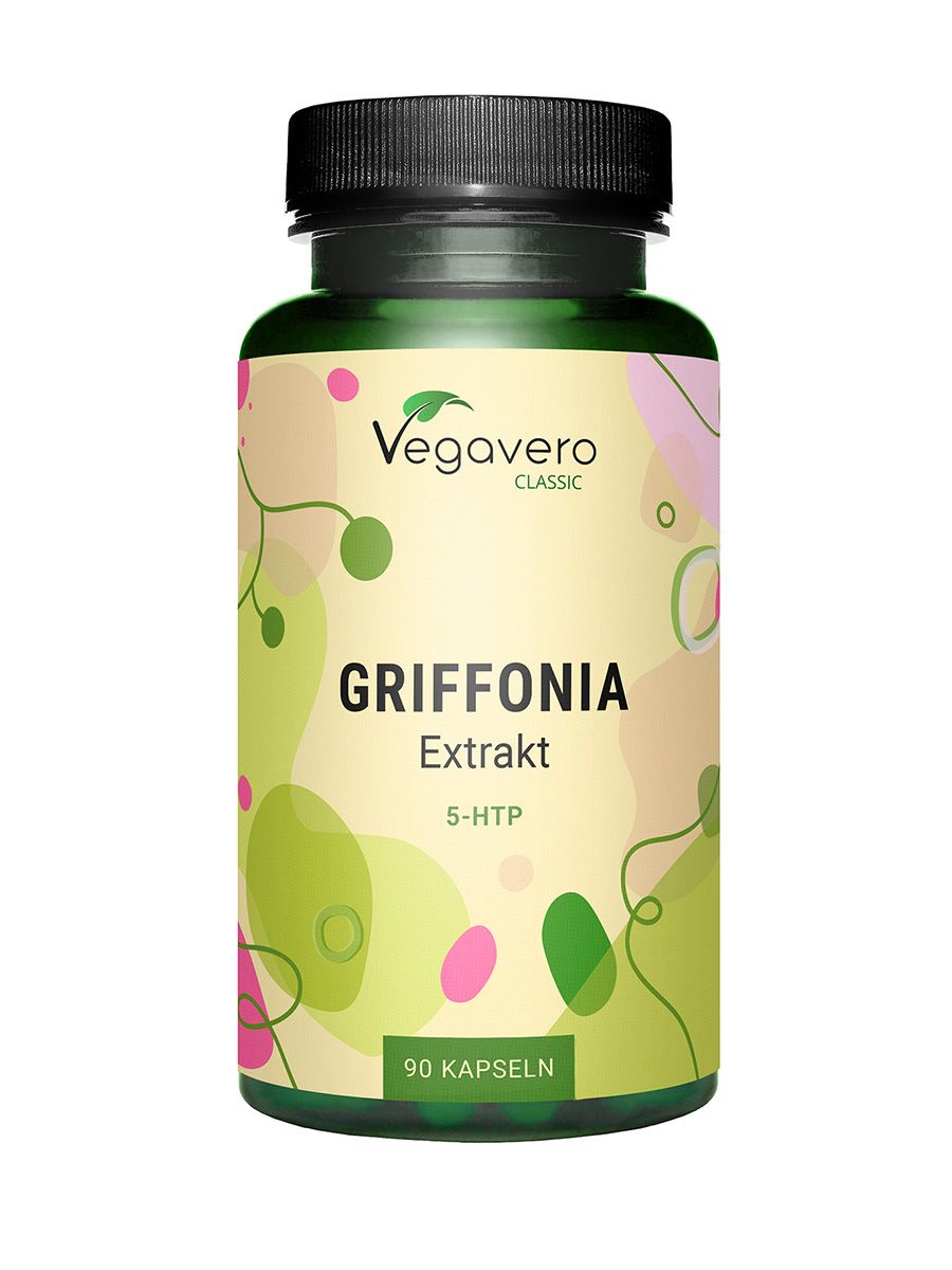 Grüne Flasche mit schwarzen Deckel. Aufschrift: VEGAVERO, GRIFFONIA Extrakt, 5-HTP, 90 Kapseln. Hintergrund mit grünen und rosa Formen.