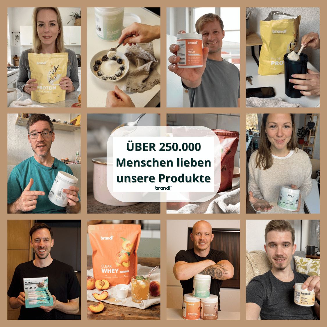 Kollage von Menschen mit brandl® Pure Protein Produkten. Verschiedene Personen halten oder verwenden das Produkt in unterschiedlichen Kontexten.