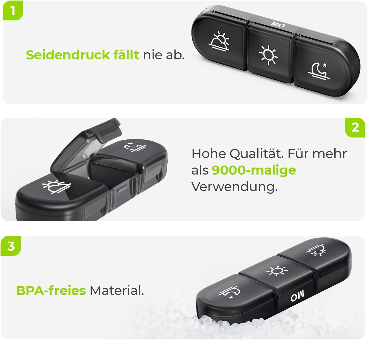 Graue Stofftasche für Pillenbehälter mit Reißverschluss und Tragegriff.