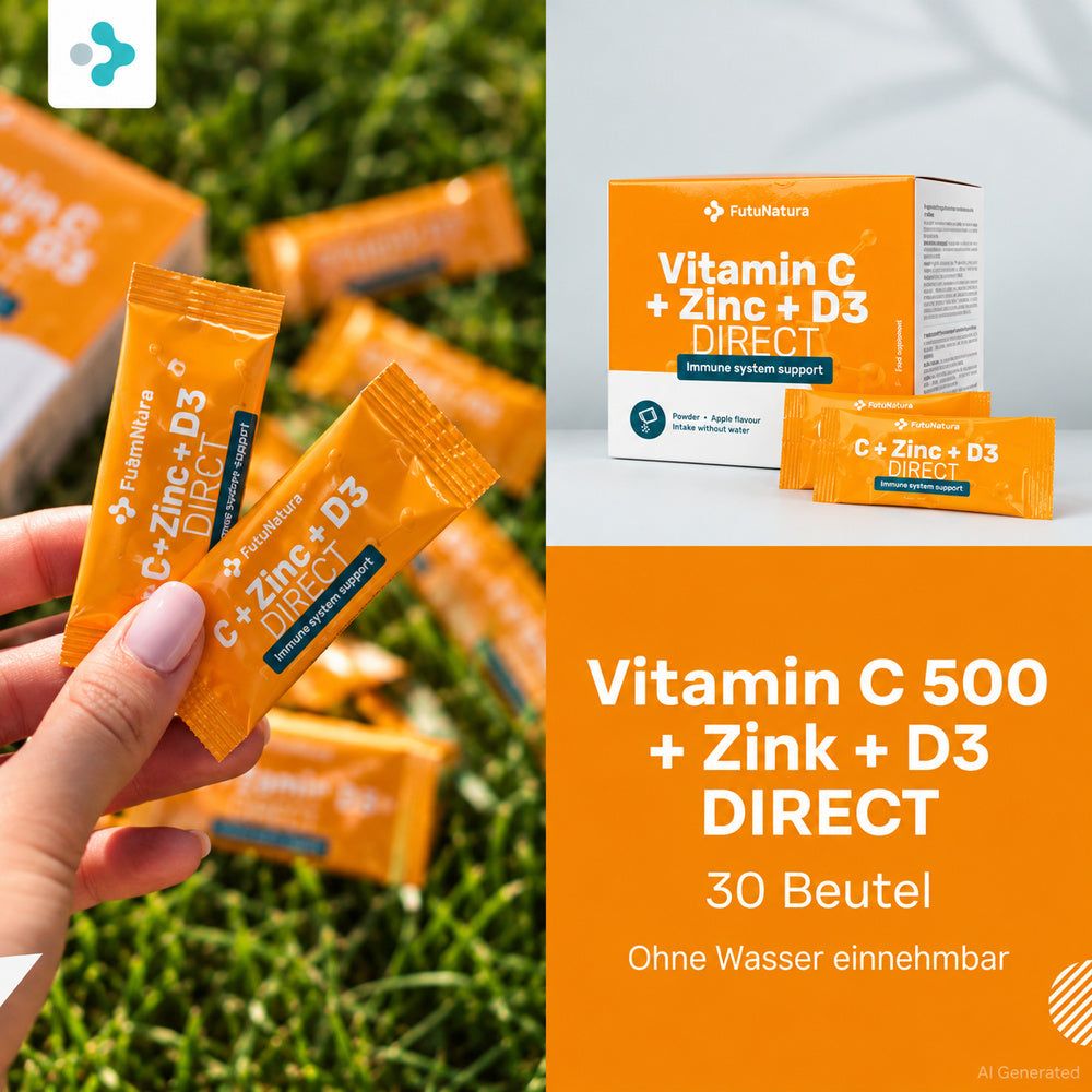 FutuNatura Vitamin C + Zink + D3 DIRECT, 30 Beutel. 500mg Vitamin C, 10mg Zink, 10µg Vitamin D3.