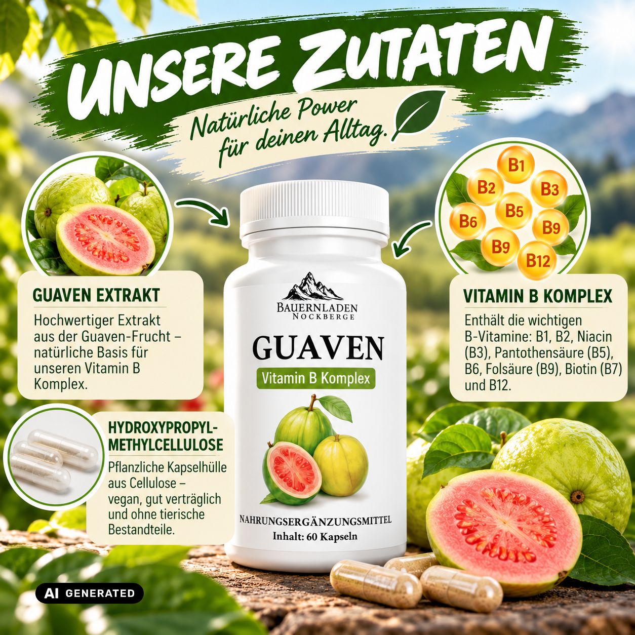 Flasche Guaven Vitamin B Komplex mit Guavenfrüchten und Vitamin B Übersicht.