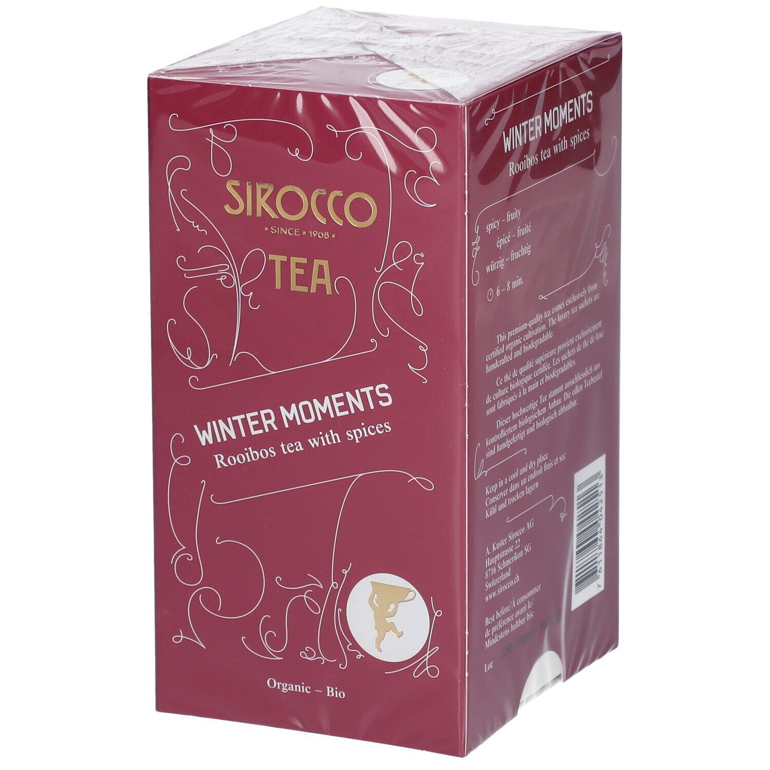 Verpackung "Sirocco Tea Winter Moments" in Folie. Rooibos-Tee mit Gewürzen. Aufschrift "Organic - Bio".