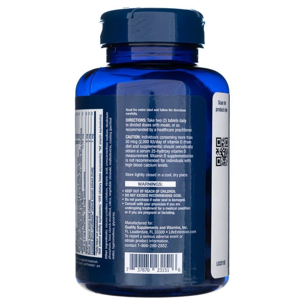 Blaue Flasche mit Vitamin-D-Tabletten, Rückseite mit Etikett und Barcode.