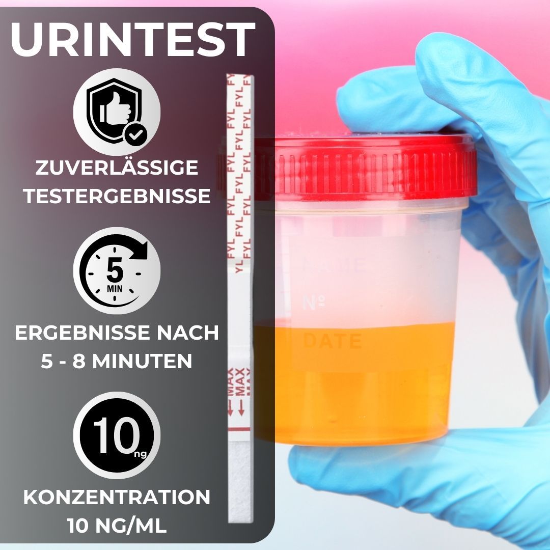 Urin-Teststreifen und Becher mit Flüssigkeit. Ergebnisse nach 5-8 Minuten. Konzentration 10 ng/ml.
