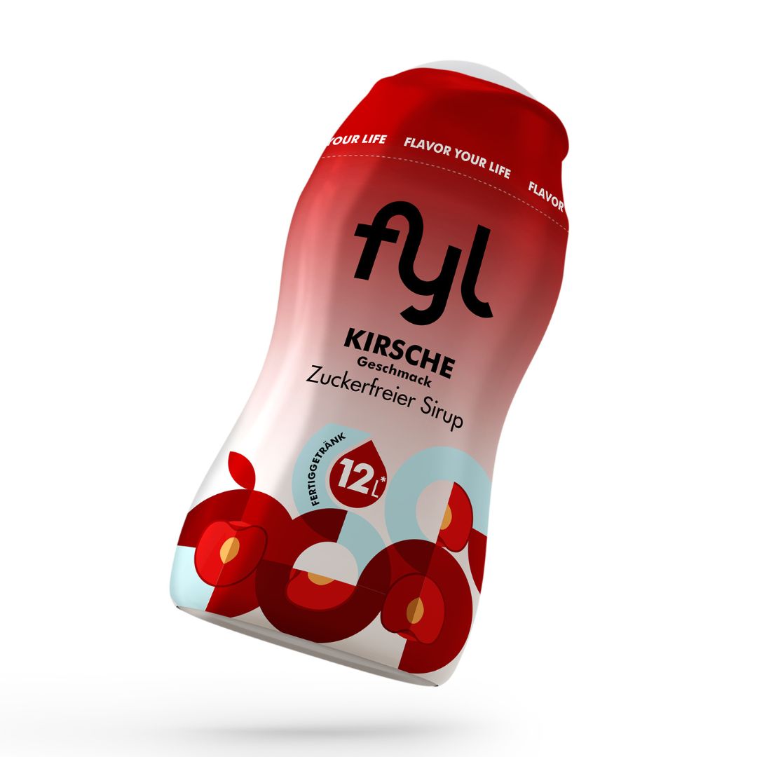 Flasche Kirschsirup. Text: fyl, Kirsche, Geschmack, Zuckerfreier Sirup, 12 Portionen.