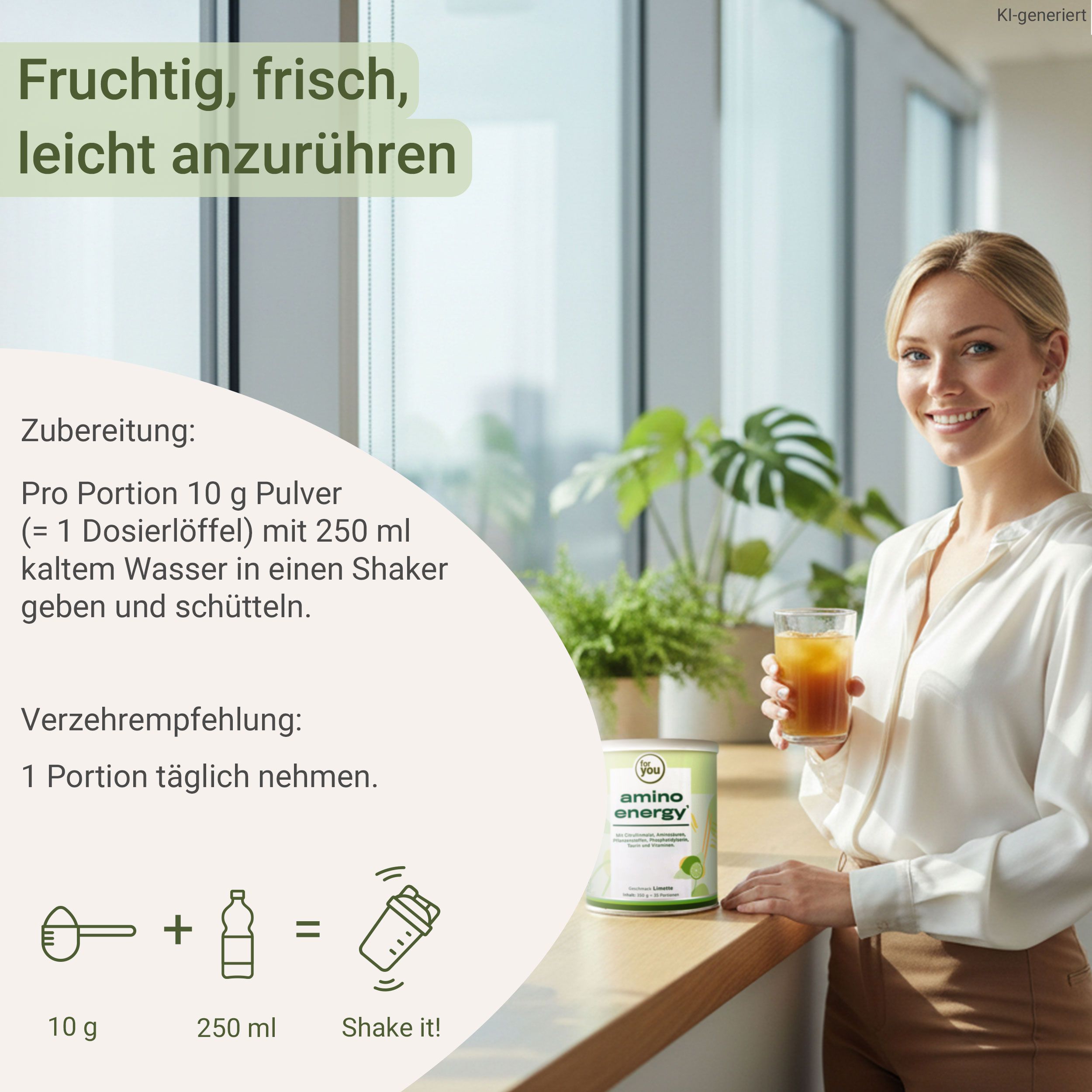 Frau mit Glas, daneben eine Dose 'for you amino energy' und Zubereitungsschritte.