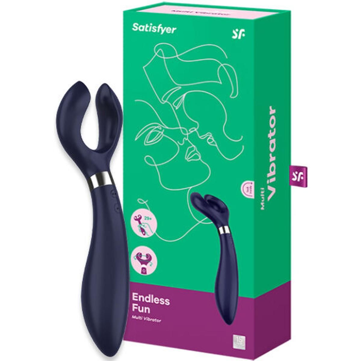 Blauer Paarvibrator neben grüner Verpackung. Verpackung mit Produktabbildung und Schriftzug 'Satisfyer'.