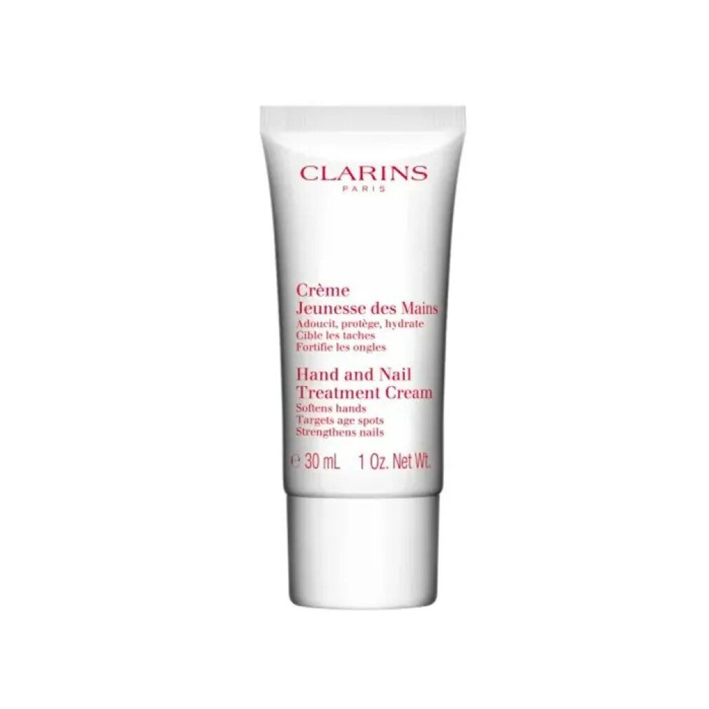 Weiße Tube Clarins Hand & Nail Treatment Cream. Roter Schriftzug: Crème Jeunesse des Mains, Hand and Nail Treatment Cream, 30 ml.