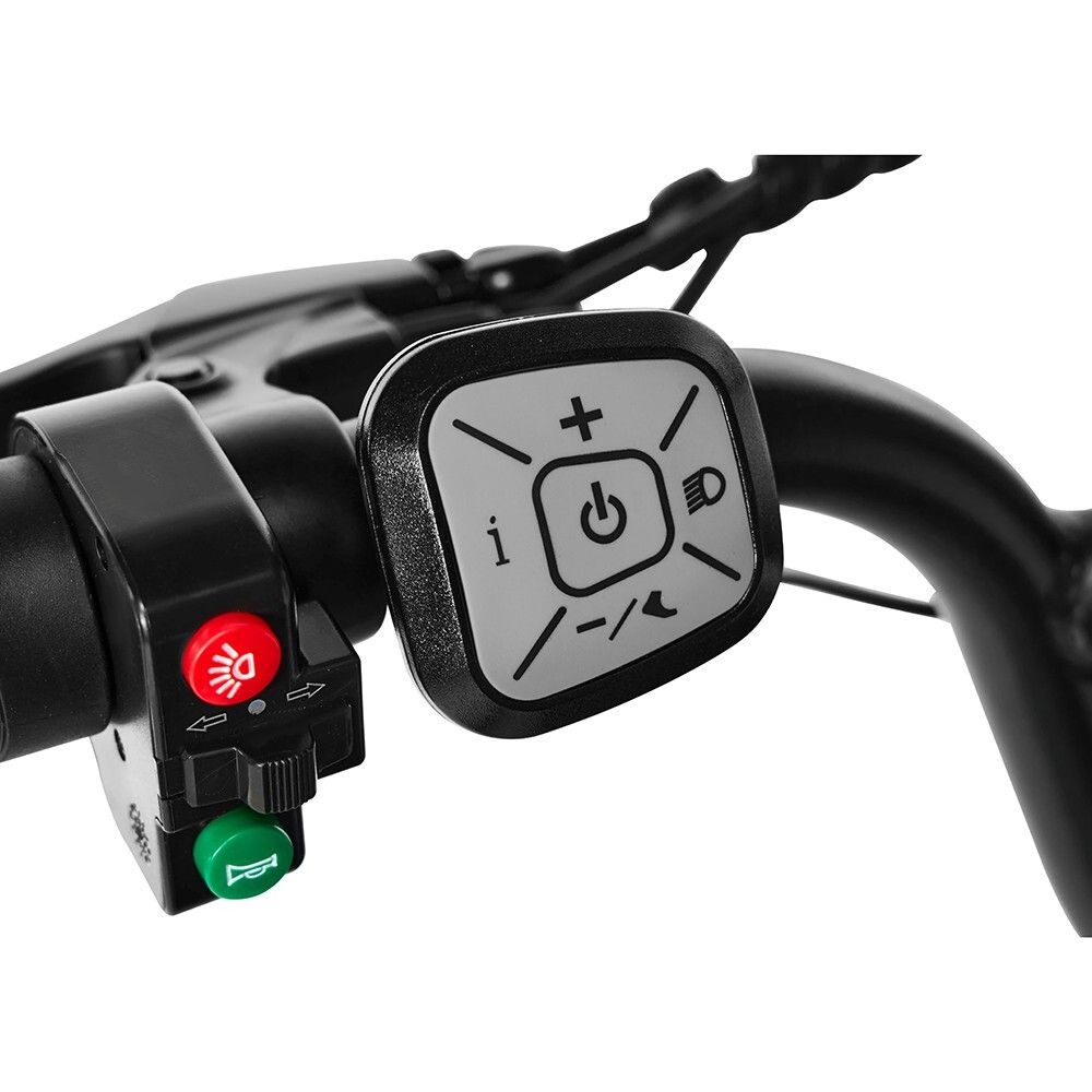 Lenker mit Bedienelementen. Schwarze Griffe, Tasten für Licht, Blinker und Steuerung. Quadratisches Bedienfeld mit Symbolen.