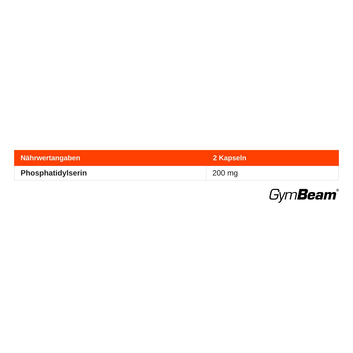 GymBeam Phosphatidylserin: Nährwertangaben zeigen 2 Kapseln mit 200 mg Phosphatidylserin.