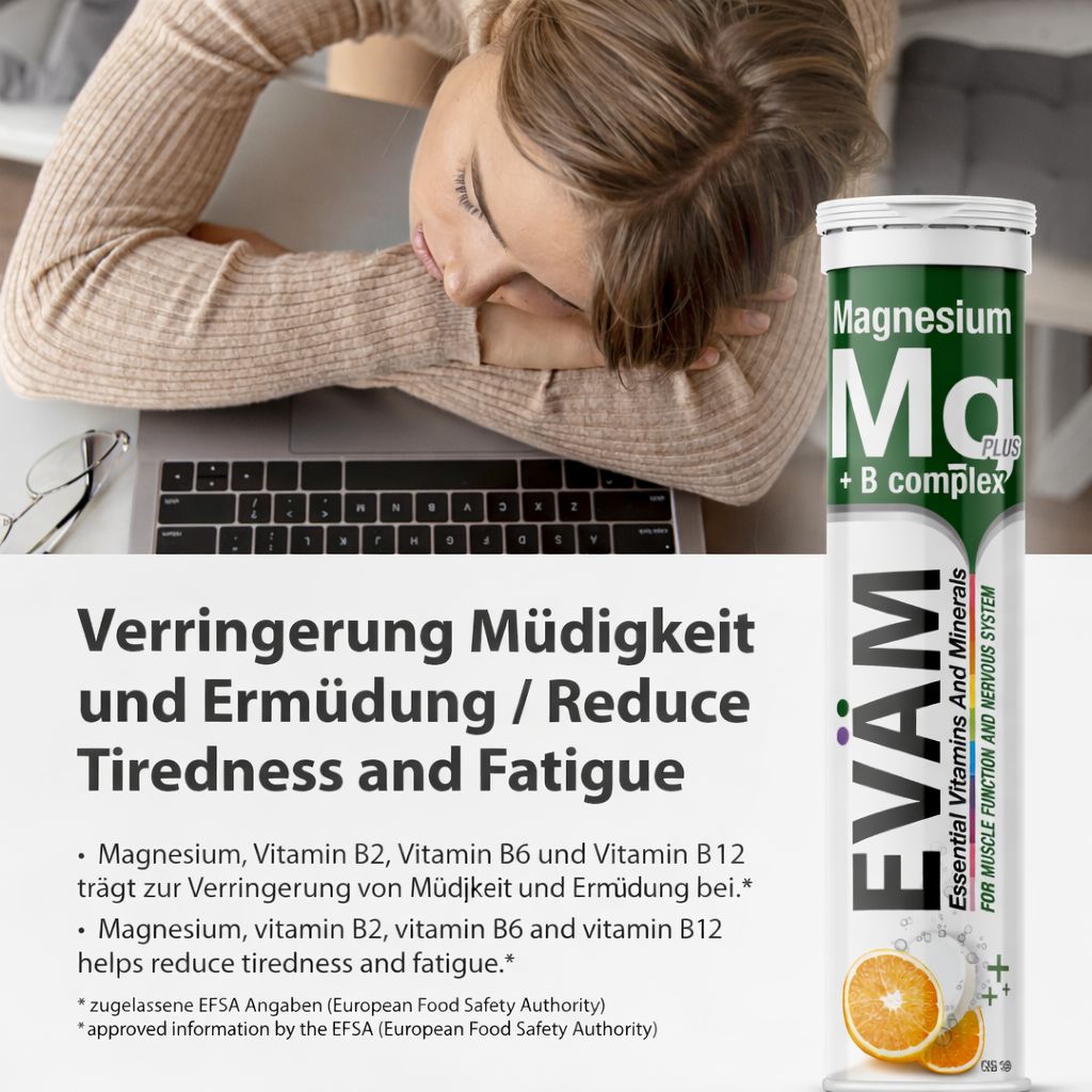 Tuben EVÄM Magnesium + B Komplex. Text: Essential Vitamins And Minerals. Orange-Geschmack. Frau am Laptop. Reduziert Müdigkeit.