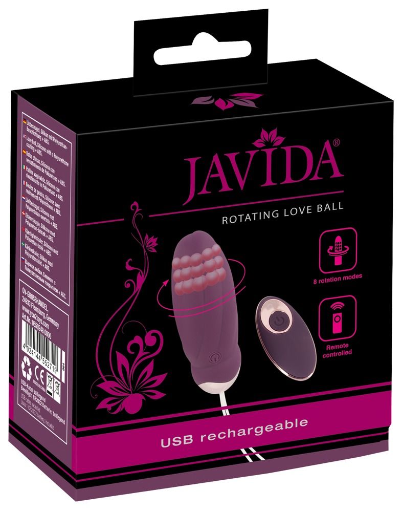 Verpackung mit Produkt. Javida Rotating Love Ball, Fernbedienung, USB-Ladeanschluss. Schwarze Box mit Produktbild und Text.