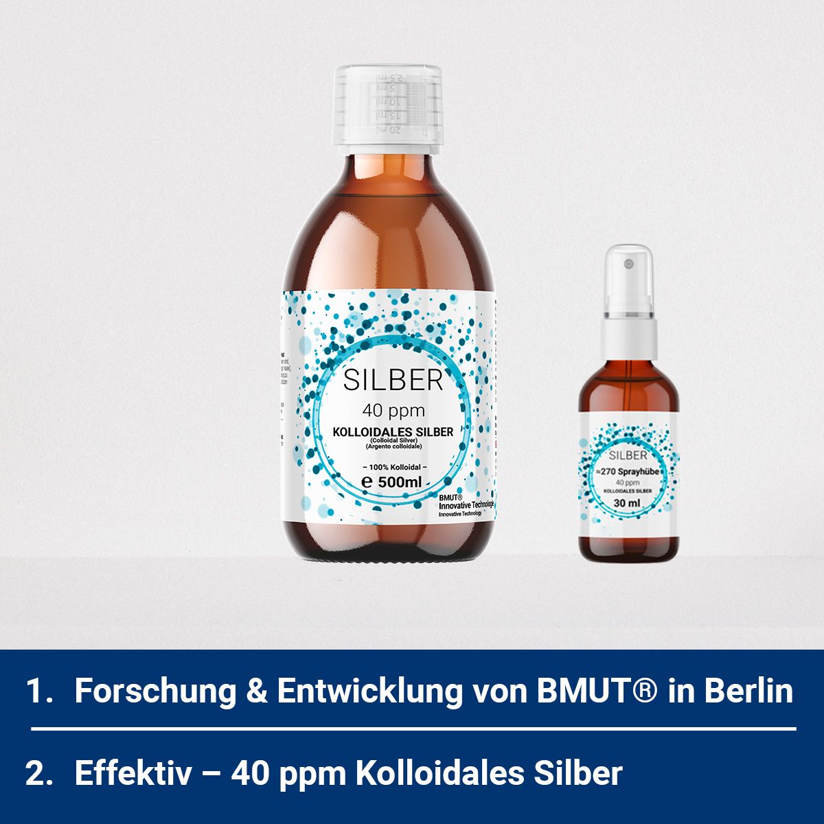 Braune Glasflasche und Sprühflasche. Text: Silber 40 ppm Kolloidales Silber. 1. Forschung & Entwicklung von BMUT in Berlin. 2. Effektiv.