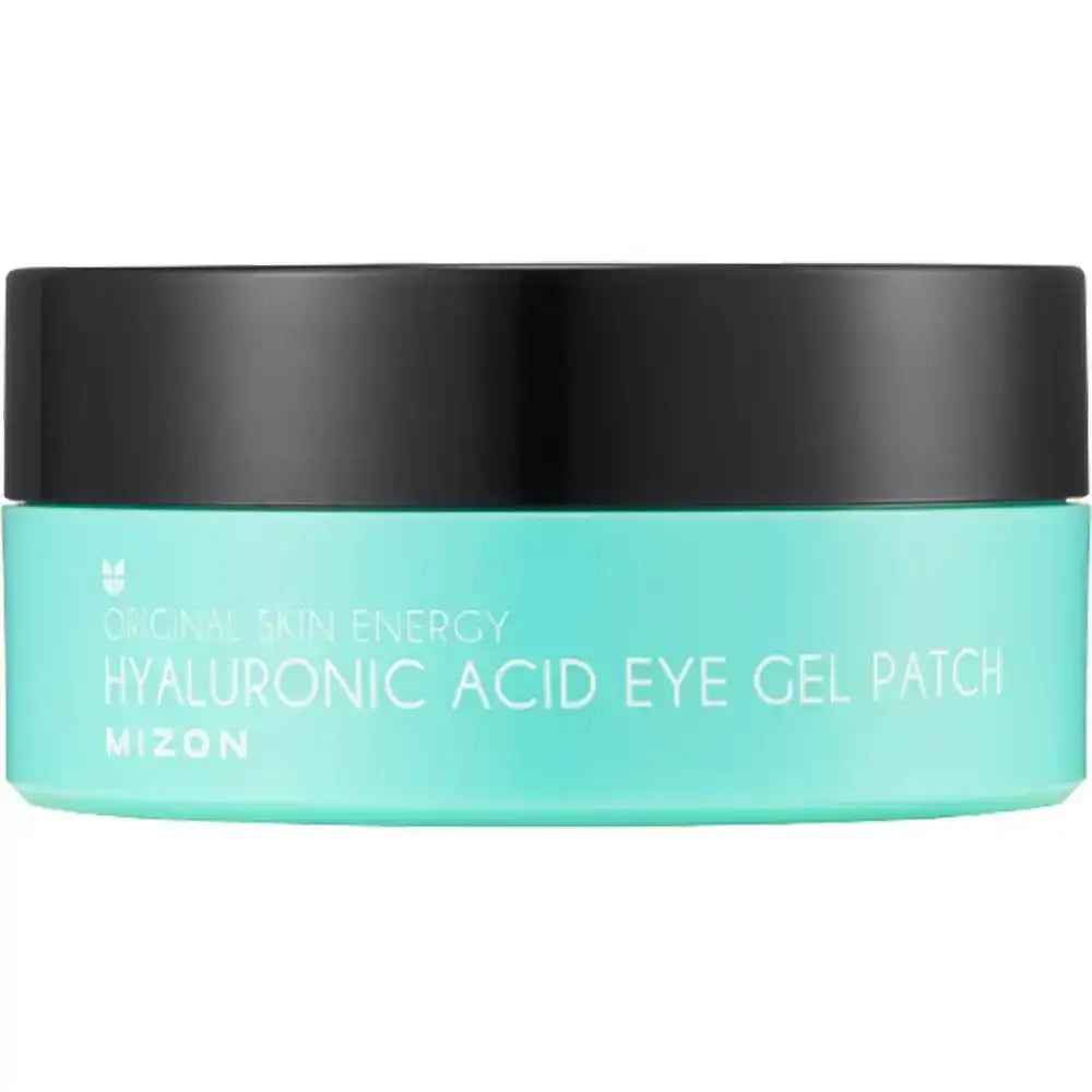 Zylindrische Dose Augen Gel Patches mit blauem Behälter und schwarzem Deckel. Aufschrift: "Hyaluronsäure Eye Gel Patch".