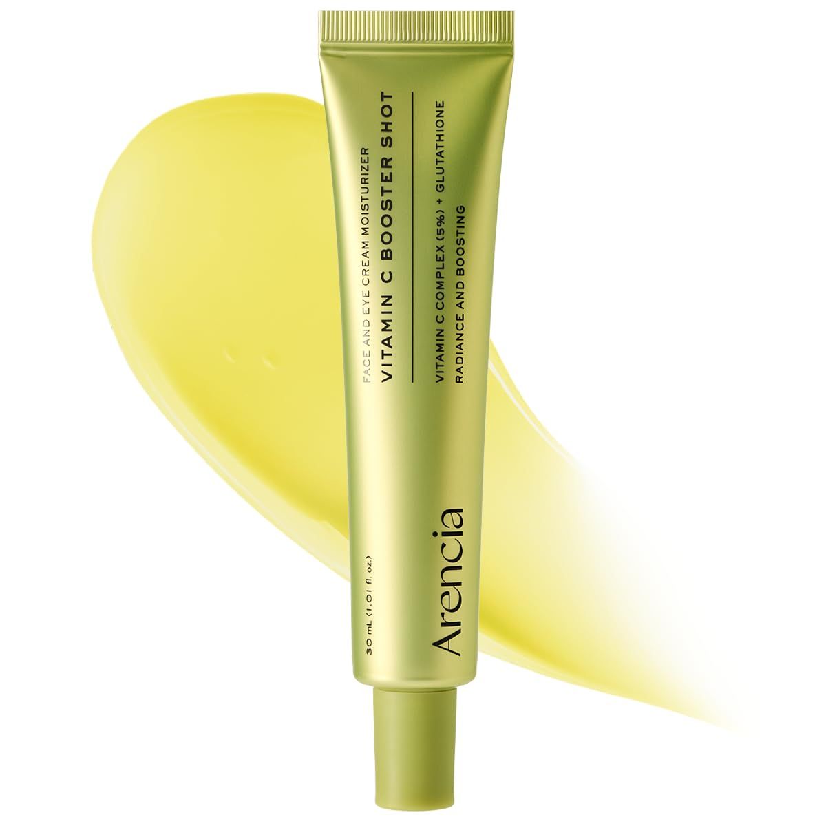 Grüne Tube mit gelbem Produkt. Text: Vitamin C Booster Shot, 30 ml. Gel-Auslauf. Produktname: Arencia.