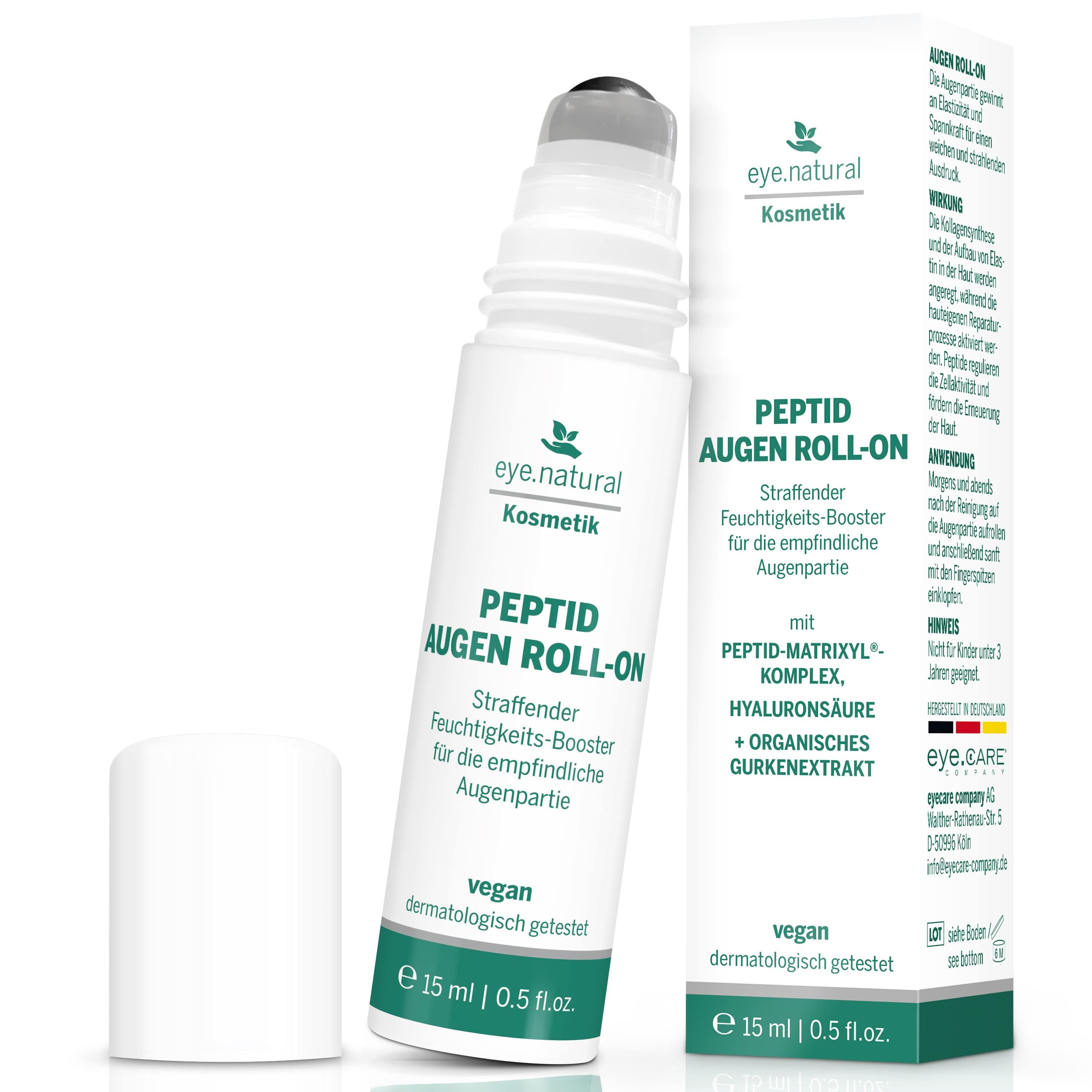 eye.natural Peptid Augen Roll-On. Weiße Flasche mit Roll-On-Applikator. Verpackung: Schachtel mit Produktinformationen und Logo.