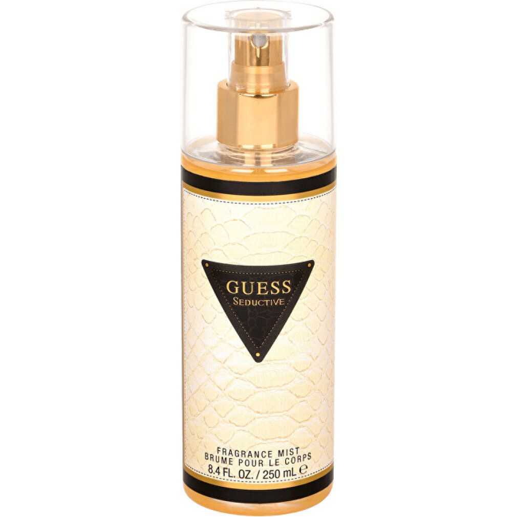 Flakon mit Zerstäuber. Aufschrift: GUESS Seductive. Textur: Schlangenhaut-Muster. Schwarzer Streifen mit Text. 8.4 FL. OZ. / 250 ml e.