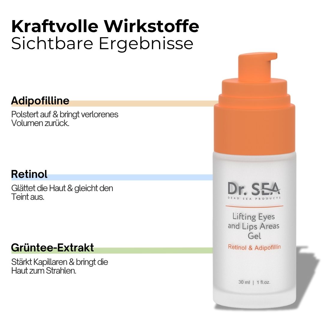 Gel-Flasche mit orangefarbenem Pumpkopf. Text: Dr. SEA, Lifting Eyes and Lips Areas Gel. Wirkstoffe: Adipofilline, Retinol, Grüntee-Extrakt.