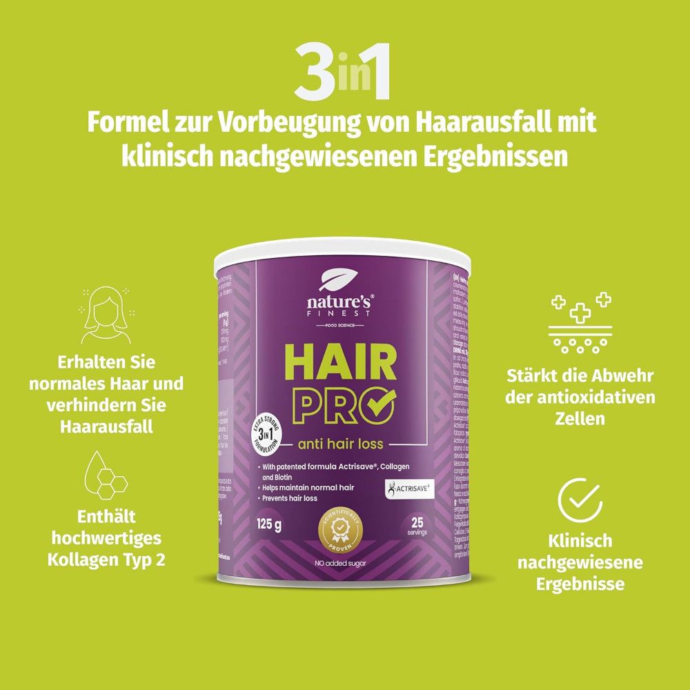 Dose mit Produktetikett. Text: Hair Pro, 125 g, 25 Portionen. Logos und Icons.