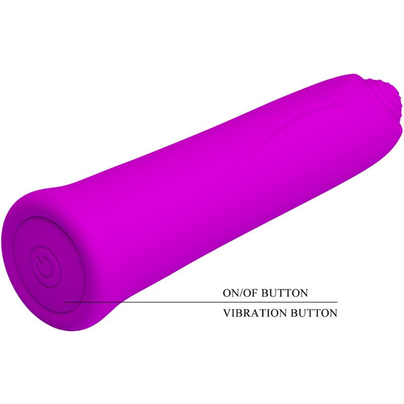 Lila Vibrator in Seitenansicht. Beschriftung für Ein-/Aus- und Vibrationsknopf.