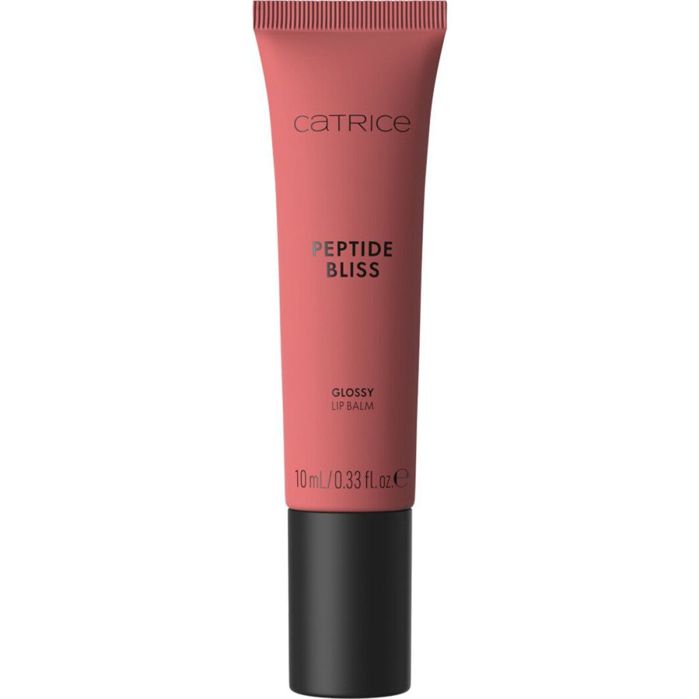 Catrice Peptide Bliss Glossy Lip Balm Tube. Rosa Tube mit schwarzem Deckel. Schriftzug: Catrice, Peptide Bliss, Glossy Lip Balm.