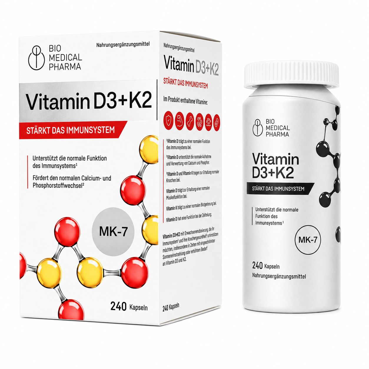 Bio Medical Pharma Vitamin D3+K2: Packung und Flasche mit 240 Kapseln. Stärkt das Immunsystem.