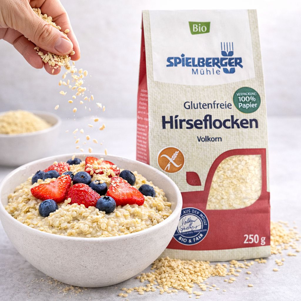 Schüssel mit zubereiteten Hirseflocken, garniert mit Beeren, neben einer Packung Spielberger Mühle Hirseflocken.